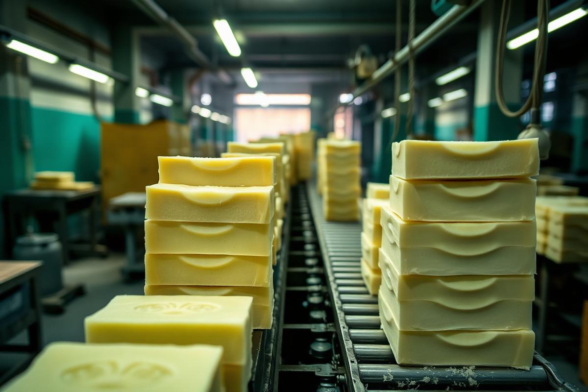 Freshly cut laundry soap bars on the production line