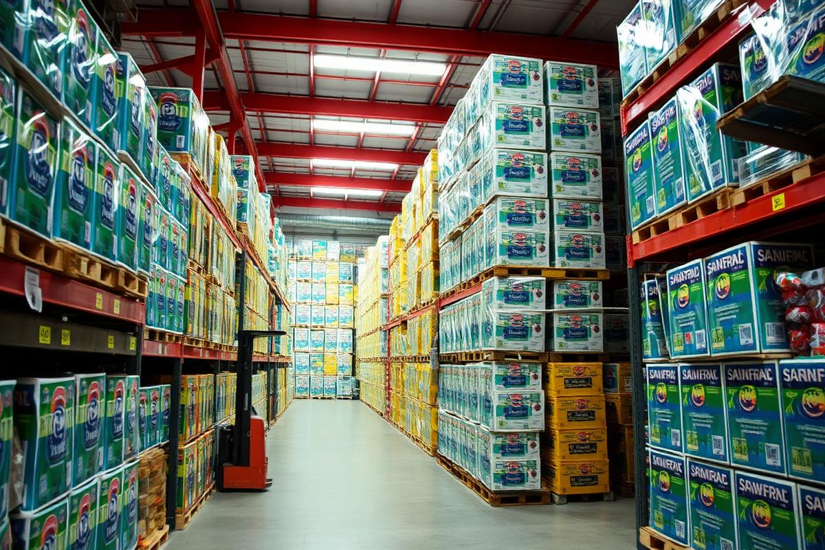 Warehouse stacked with cartons of washing powder and soap