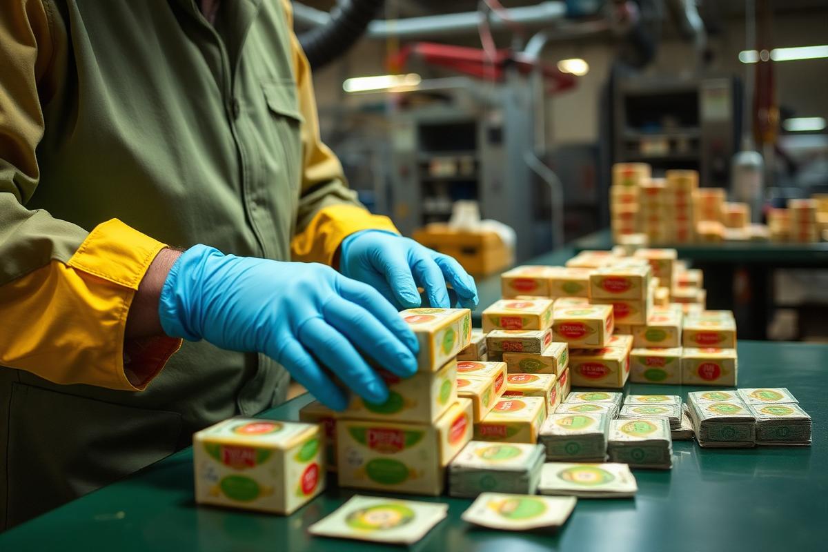 Worker inspecting packaged soap and tea for quality